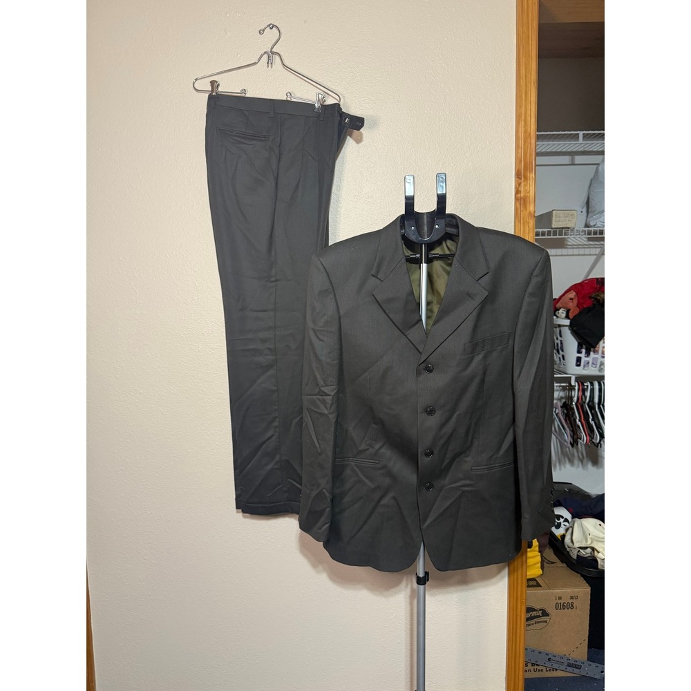 Albert Nipon Mens Wool Silk Suit‎ Charcoal Gray 4-Button Blazer Trousers Set